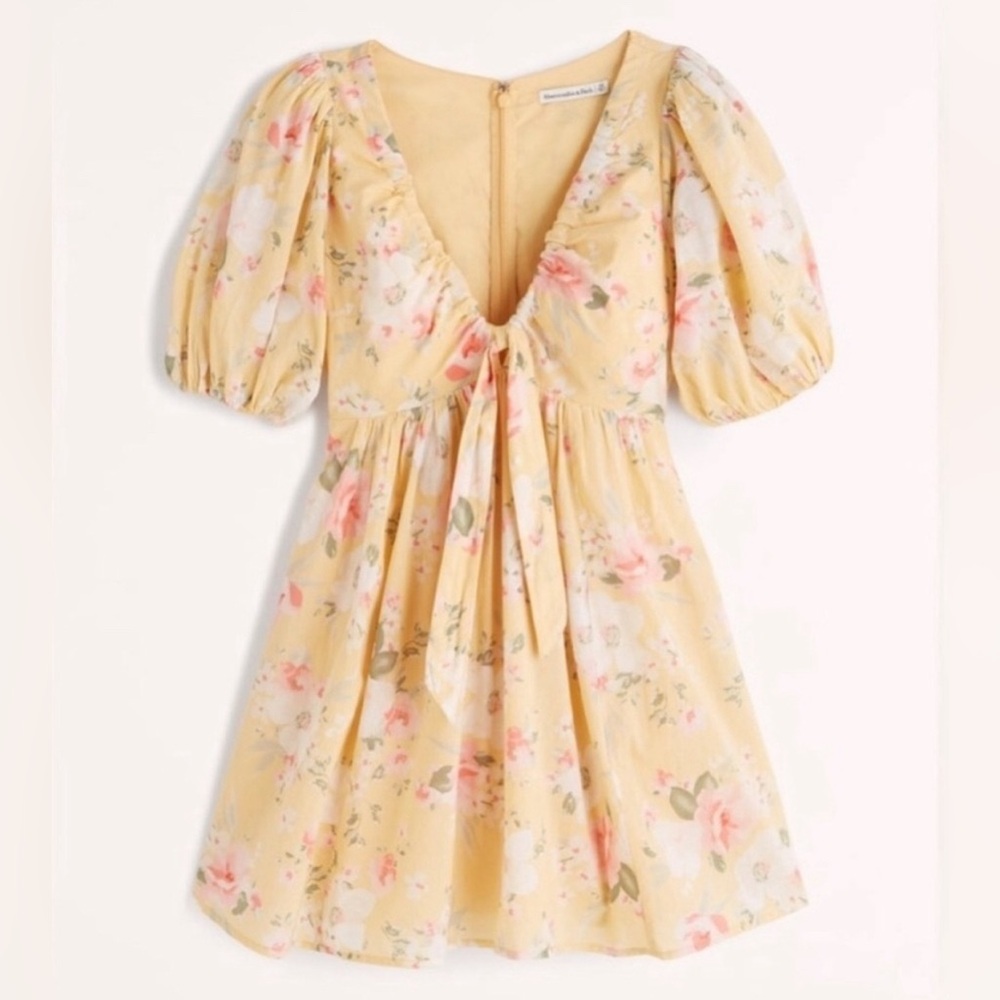 Abercrombie & Fitch yellow floral puff sleeve tie front dress